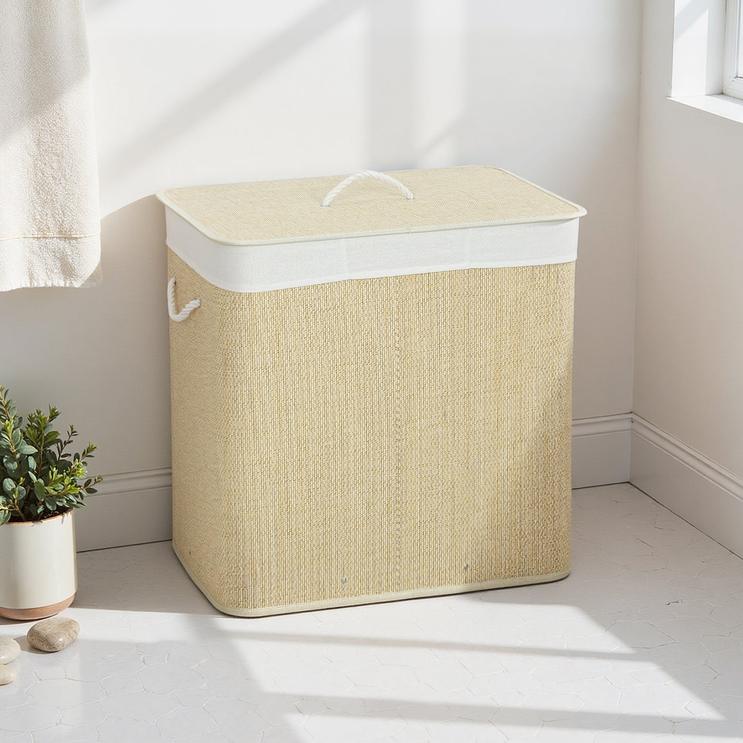 144L Laundry Basket with Lid, 3 Section Bamboo Laundry Hamper with Removable and Washable Liner, Handles, Dirty Clothes Hamper for Bathroom, Bedroom, Cream White
