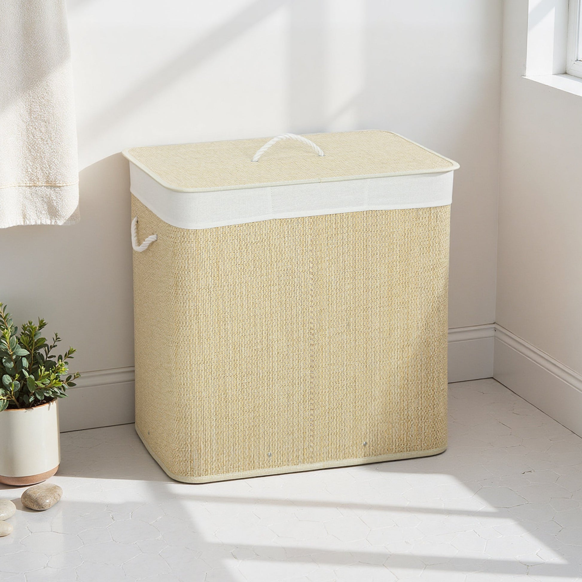 144L Laundry Basket with Lid, 3 Section Bamboo Laundry Hamper with Removable and Washable Liner, Handles, Dirty Clothes Hamper for Bathroom, Bedroom, Cream White