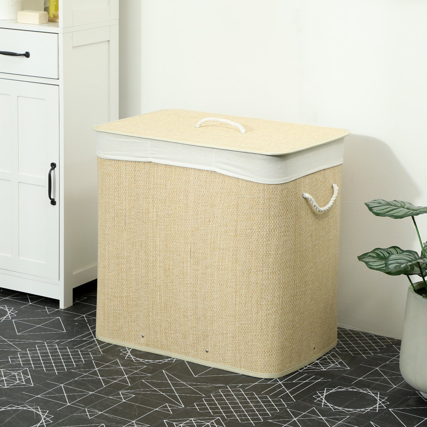 144L Laundry Basket with Lid, 3 Section Bamboo Laundry Hamper with Removable and Washable Liner, Handles, Dirty Clothes Hamper for Bathroom, Bedroom, Cream White