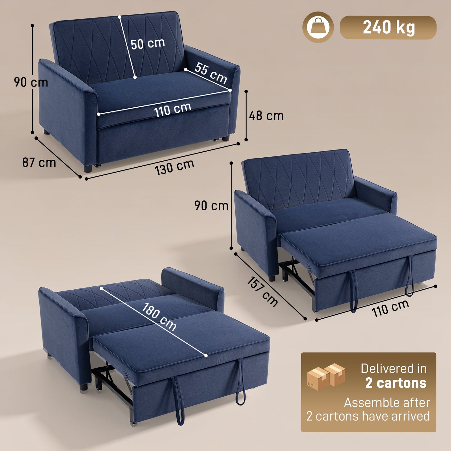 2 Seater Sofa Bed, 3-in-1 Convertible Pull Out Sleeper Sofa, Velvet Loveseat Bed Settee with Clik-Clack Adjustable Backrest, High-Density Foam for Living Room, Bedroom, Guest Room, Dark Blue