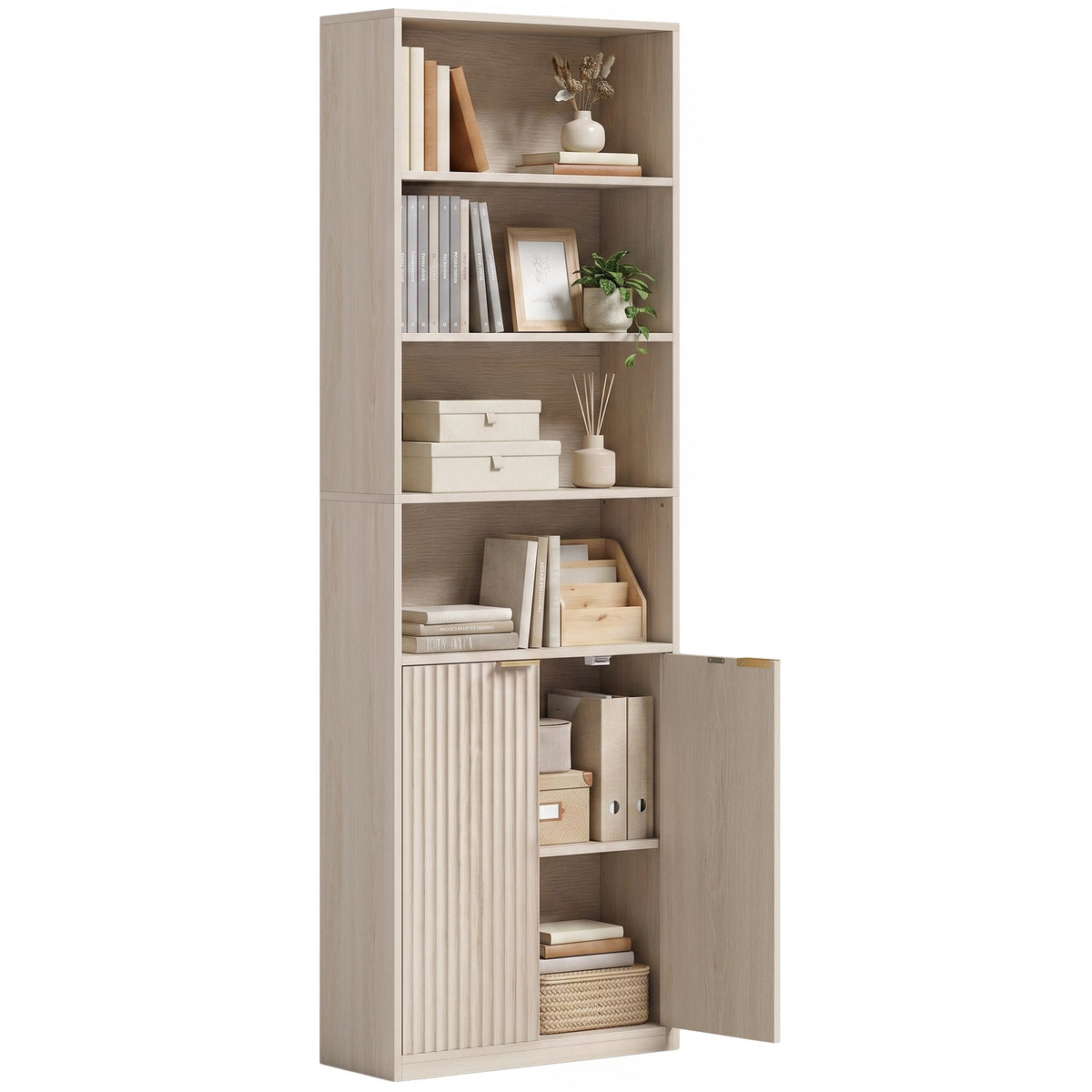 Slim Bookcase, 6-Tier Tall Bookshelf, Freestanding Shelving Unit with Cabinet, Adjustable Shelf, 60 x 24 x 182 cm for Living Room, Study, Home Office, Oak Wood Effect