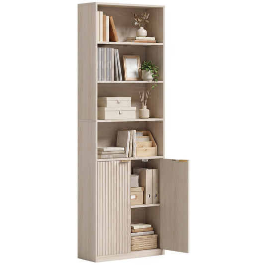 Slim Bookcase, 6-Tier Tall Bookshelf, Freestanding Shelving Unit with Cabinet, Adjustable Shelf, 60 x 24 x 182 cm for Living Room, Study, Home Office, Oak Wood Effect