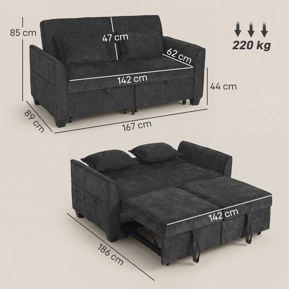 2 Seater Sofa Bed, 4-in-1 L Shaped Convertible Pull Out Sleeper Sofa with Adjustable Backrest, Chenille Loveseat with 2 Pillows, Wide Deep Seat, Side Pockets for Living Room, Black