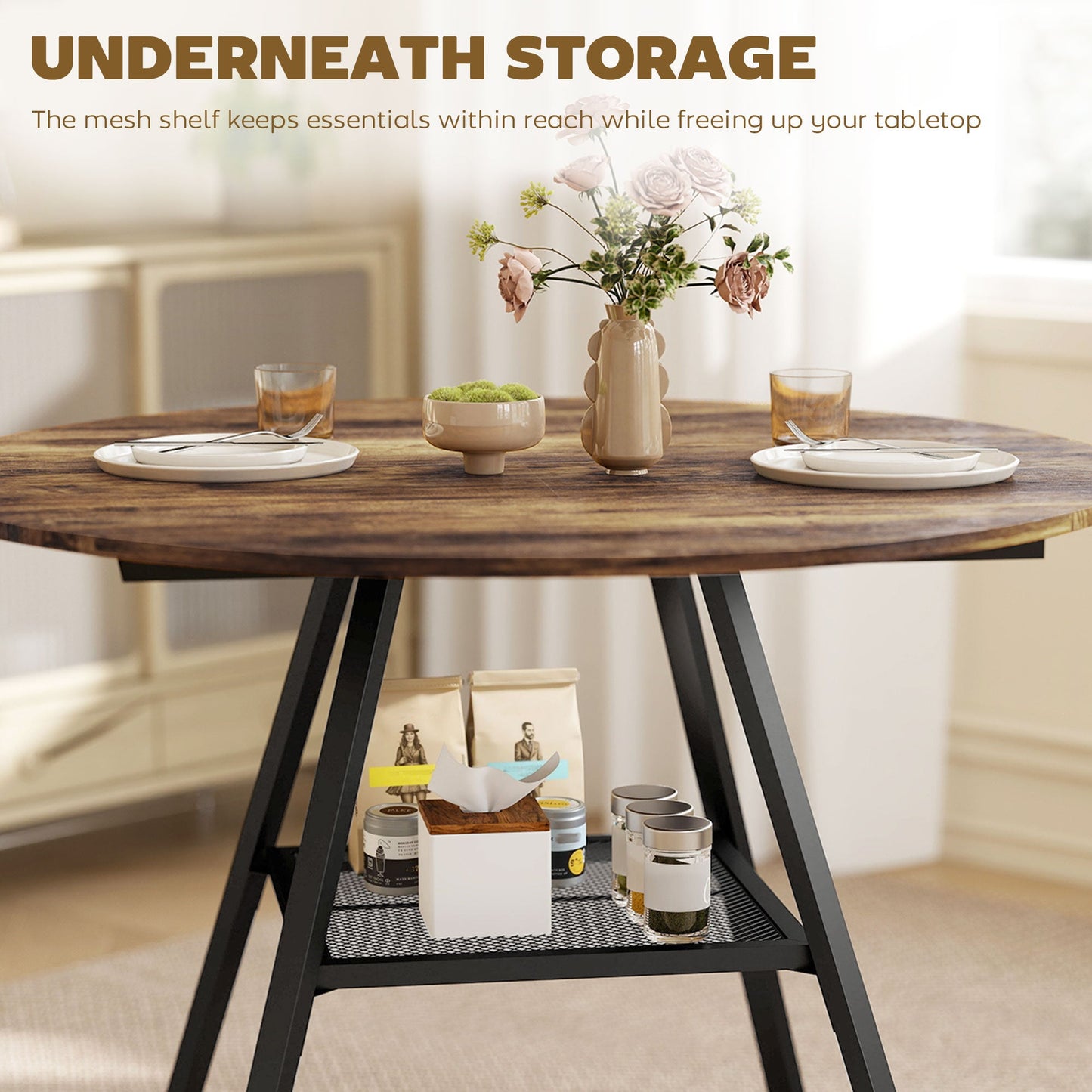 Dining Table for 4 People, 100 cm Round Industrial Kitchen Table with Storage Shelf, Wood Effect Tabletop, Metal Base for Kitchen, Dining Room, Living Room, Rustic Brown