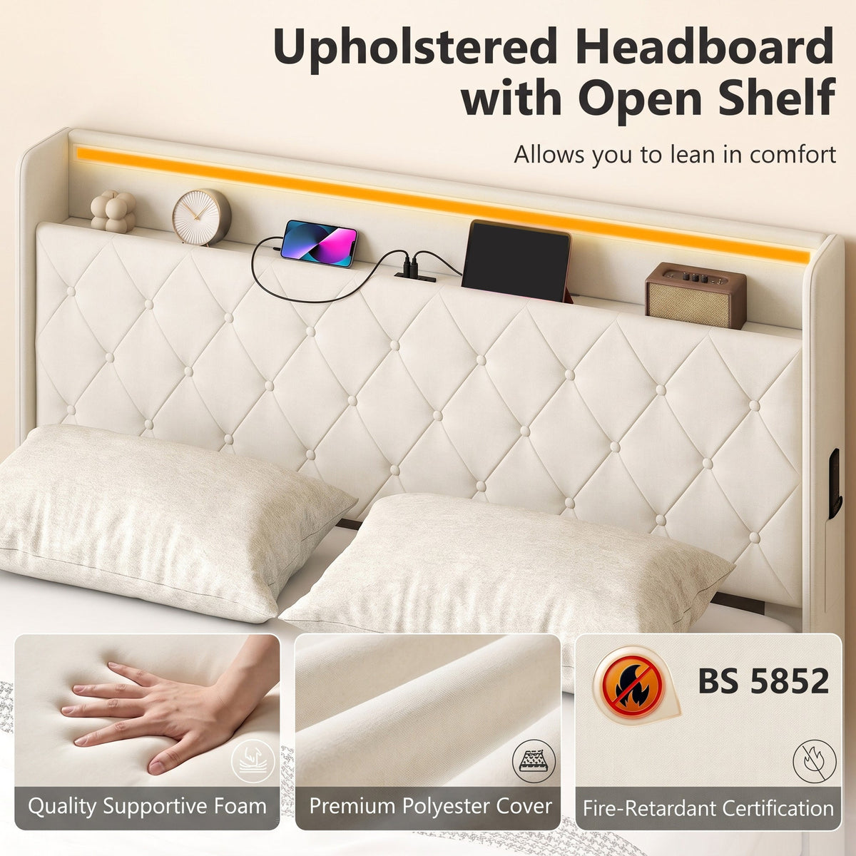 5ft King Ottoman Bed Frame with Hydraulic Storage, APP Control LED Lights and Charging Station, Upholstered Lift Up Storage Bed Frame with Headboard, No Box Spring Needed, Cream White