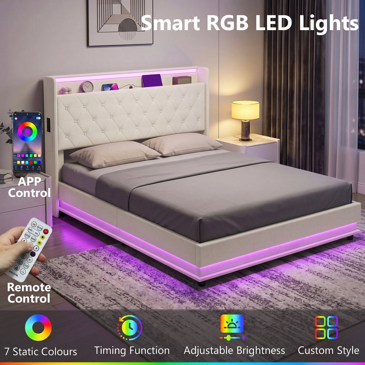5ft King Ottoman Bed Frame with Hydraulic Storage, APP Control LED Lights and Charging Station, Upholstered Lift Up Storage Bed Frame with Headboard, No Box Spring Needed, Cream White