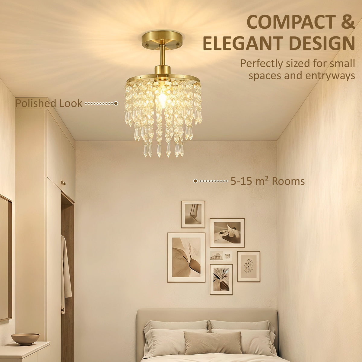 Crystal Ceiling Light with 57 Crystal Strands, Modern Ceiling Light with Mounting Plate for Bedroom, Dining Room, Hallway, Gold Tone, Bulb Not Included