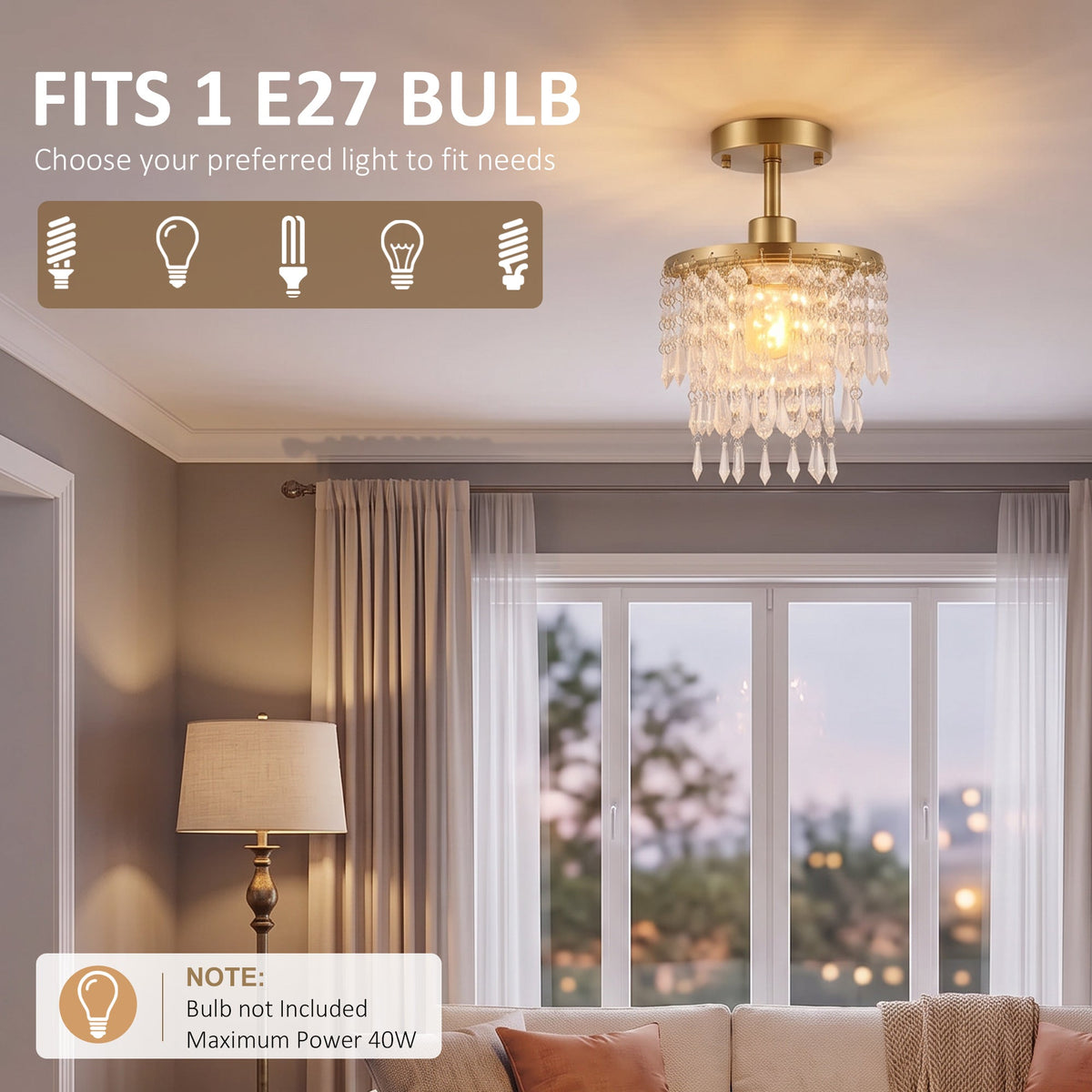 Crystal Ceiling Light with 57 Crystal Strands, Modern Ceiling Light with Mounting Plate for Bedroom, Dining Room, Hallway, Gold Tone, Bulb Not Included