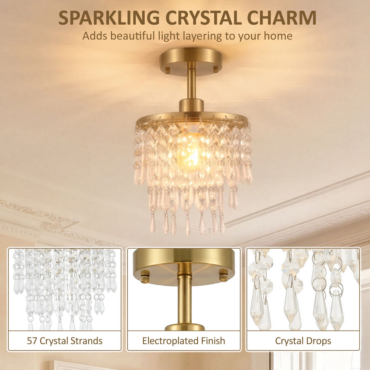 Crystal Ceiling Light with 57 Crystal Strands, Modern Ceiling Light with Mounting Plate for Bedroom, Dining Room, Hallway, Gold Tone, Bulb Not Included