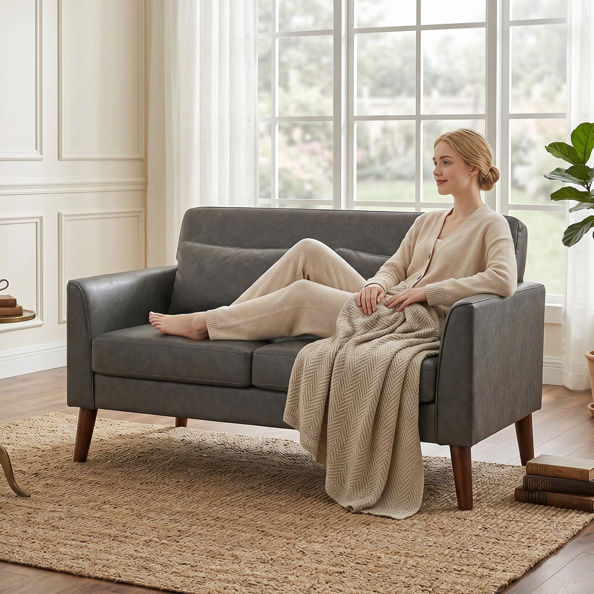 2 Seater Sofa, 132 cm Modern Small Sofa, PU Leather Upholstered Loveseat with Solid Wood Legs and 2 Pillows, Couch Settee for Small Space, Living Room, Bedroom, Home Office, Grey