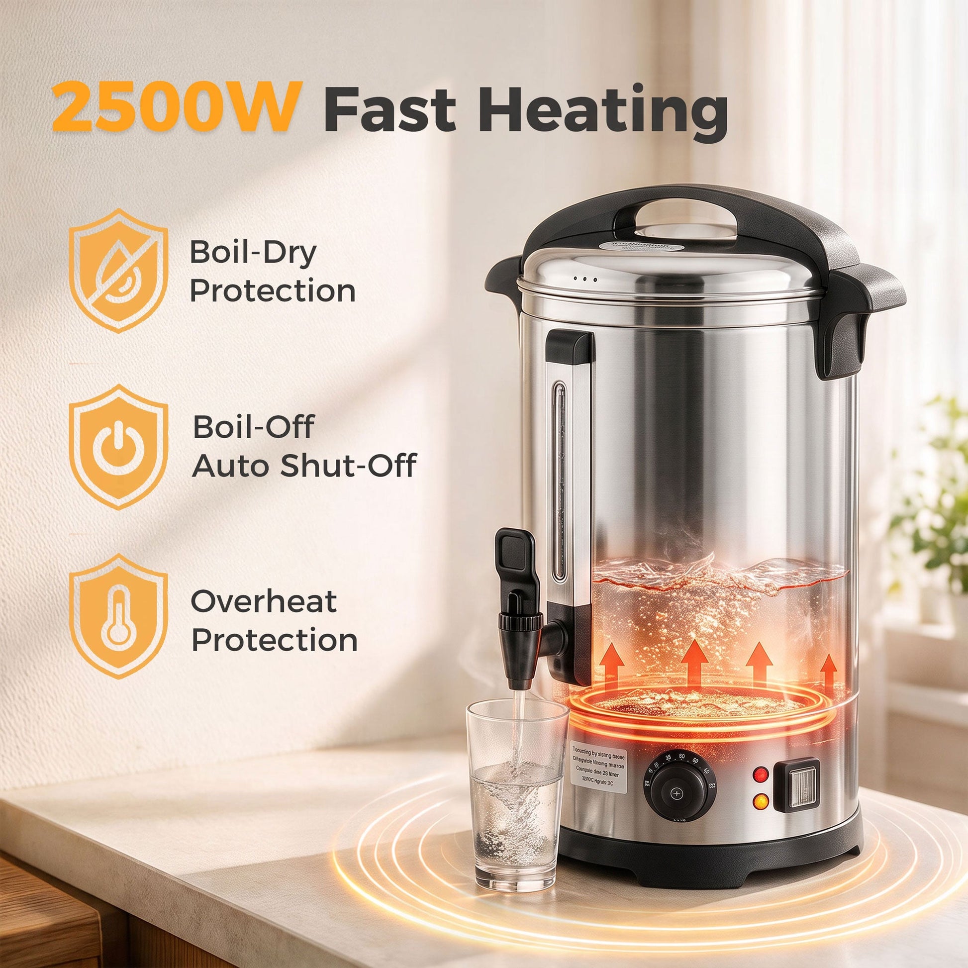 13L Catering Urn, 2500W Hot Water Boiler Dispenser with Thermostat, Stainless Steel Tea Urn Kettle with Keep Warm Function, Adjustable Temperature and Easy Pour Tap for Home Office Parties