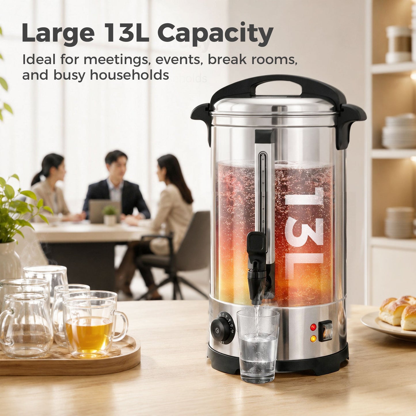 13L Catering Urn, 2500W Hot Water Boiler Dispenser with Thermostat, Stainless Steel Tea Urn Kettle with Keep Warm Function, Adjustable Temperature and Easy Pour Tap for Home Office Parties