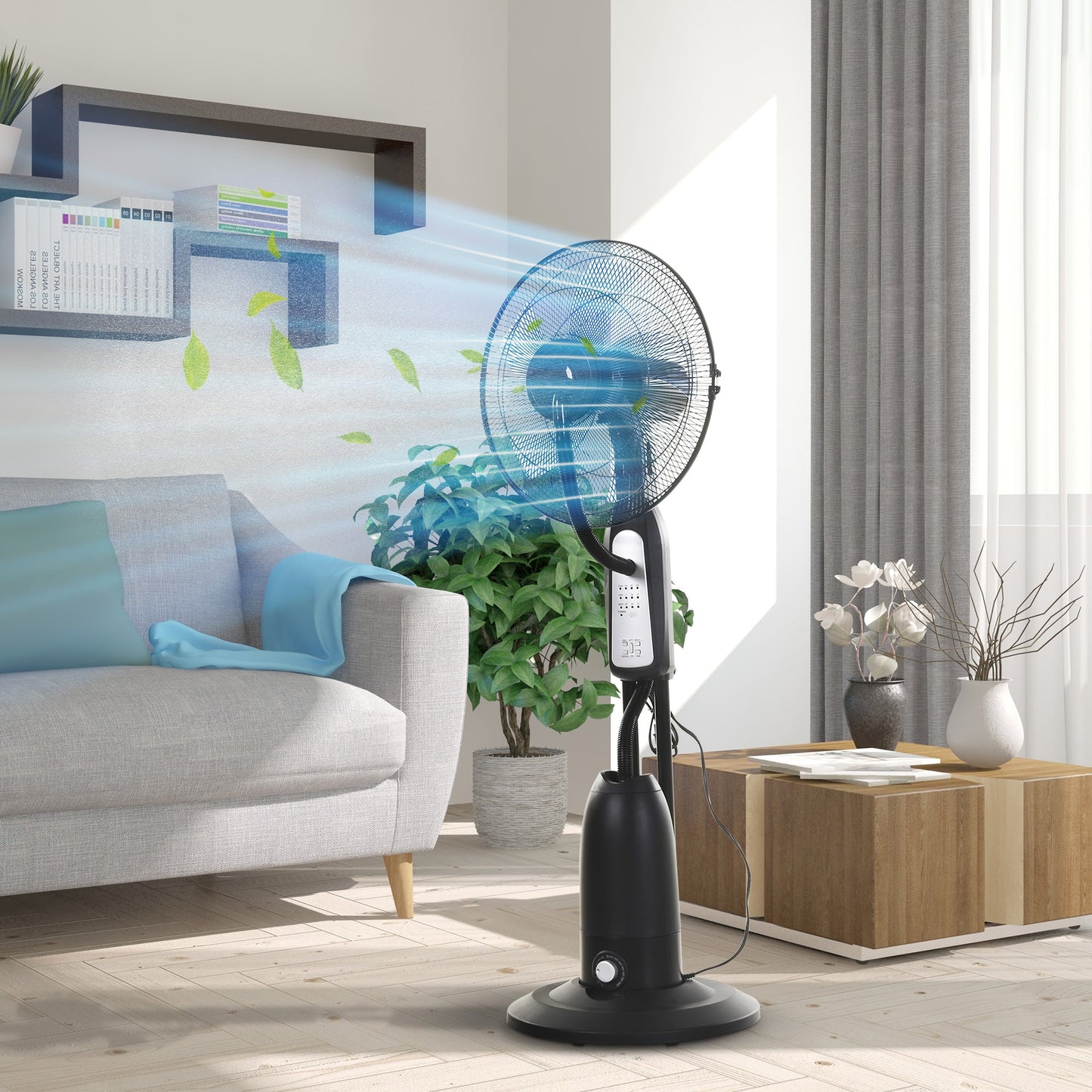 HOMCOM 18" Pedestal Fan with Water Mist Spray, Humidifying Misting Fan, Standing Fan with 3 Speeds, 2.8L Water Tank, Timer and Remote, Black