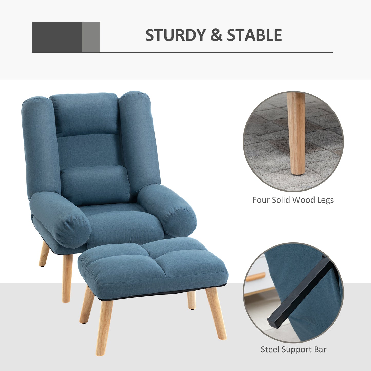 HOMCOM Armchair with Footstool, 180° Recliner with Ottoman, Accent Chair and Footstool with 3-Position Adjustable Backrest and Wooden Legs for Living Room, Blue