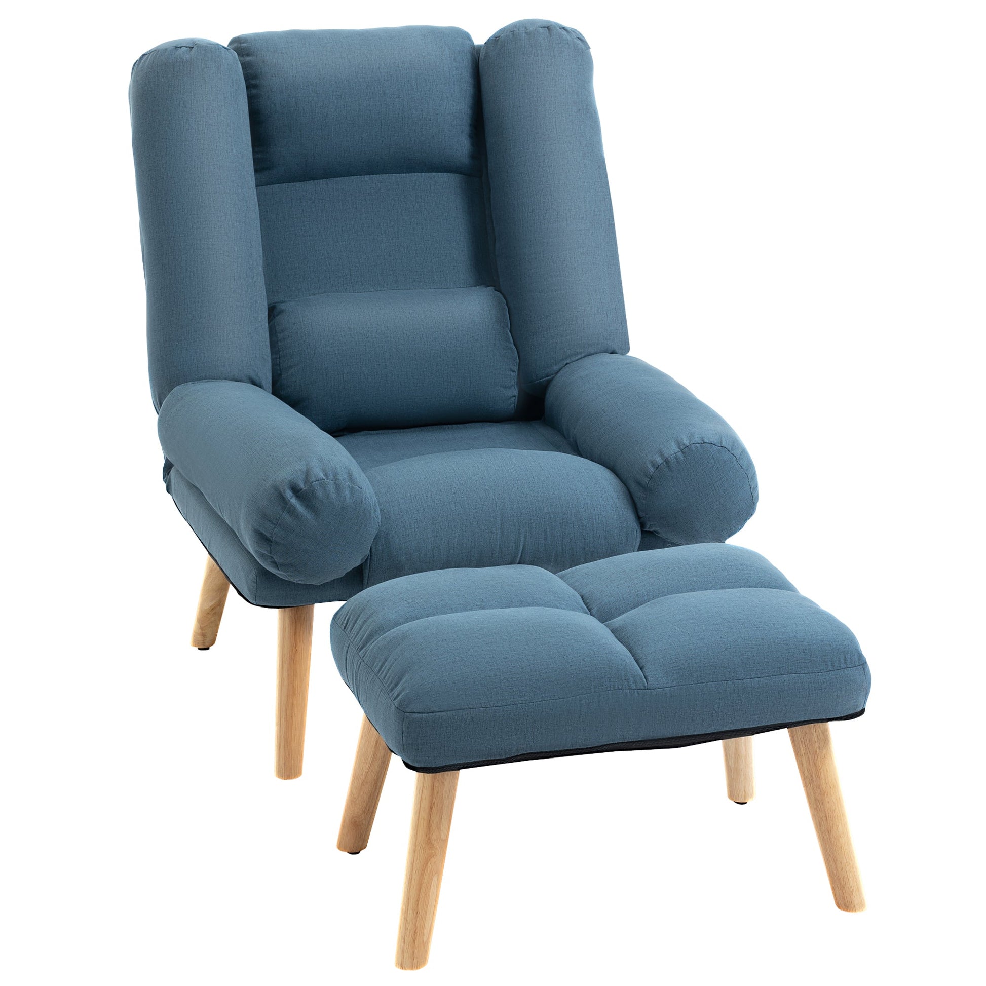 HOMCOM Armchair with Footstool, 180° Recliner with Ottoman, Accent Chair and Footstool with 3-Position Adjustable Backrest and Wooden Legs for Living Room, Blue