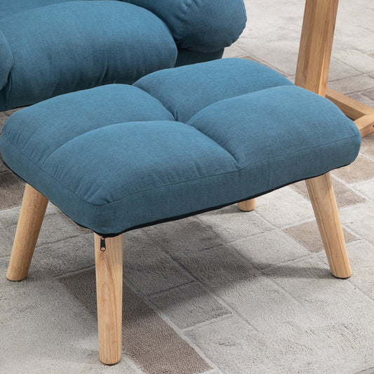 HOMCOM Armchair with Footstool, 180° Recliner with Ottoman, Accent Chair and Footstool with 3-Position Adjustable Backrest and Wooden Legs for Living Room, Blue