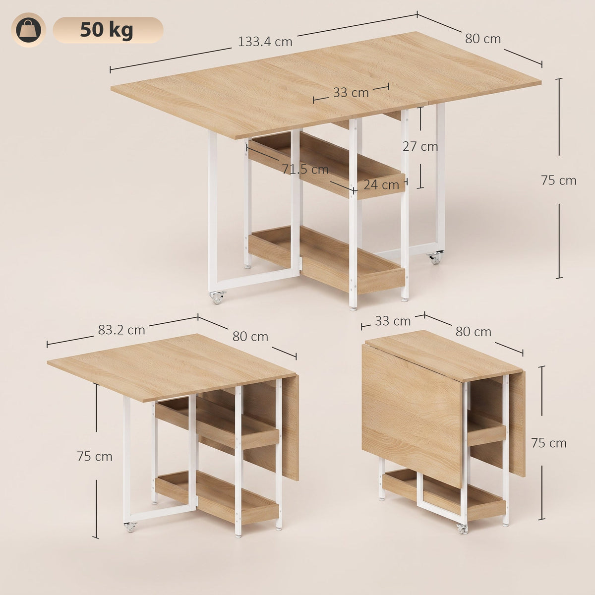 Folding Dining Table for 4, Space-Saving Drop-Leaf Kitchen Table with Storage Shelves and Wheels for Small Spaces, Dining Room or Kitchen, Natural