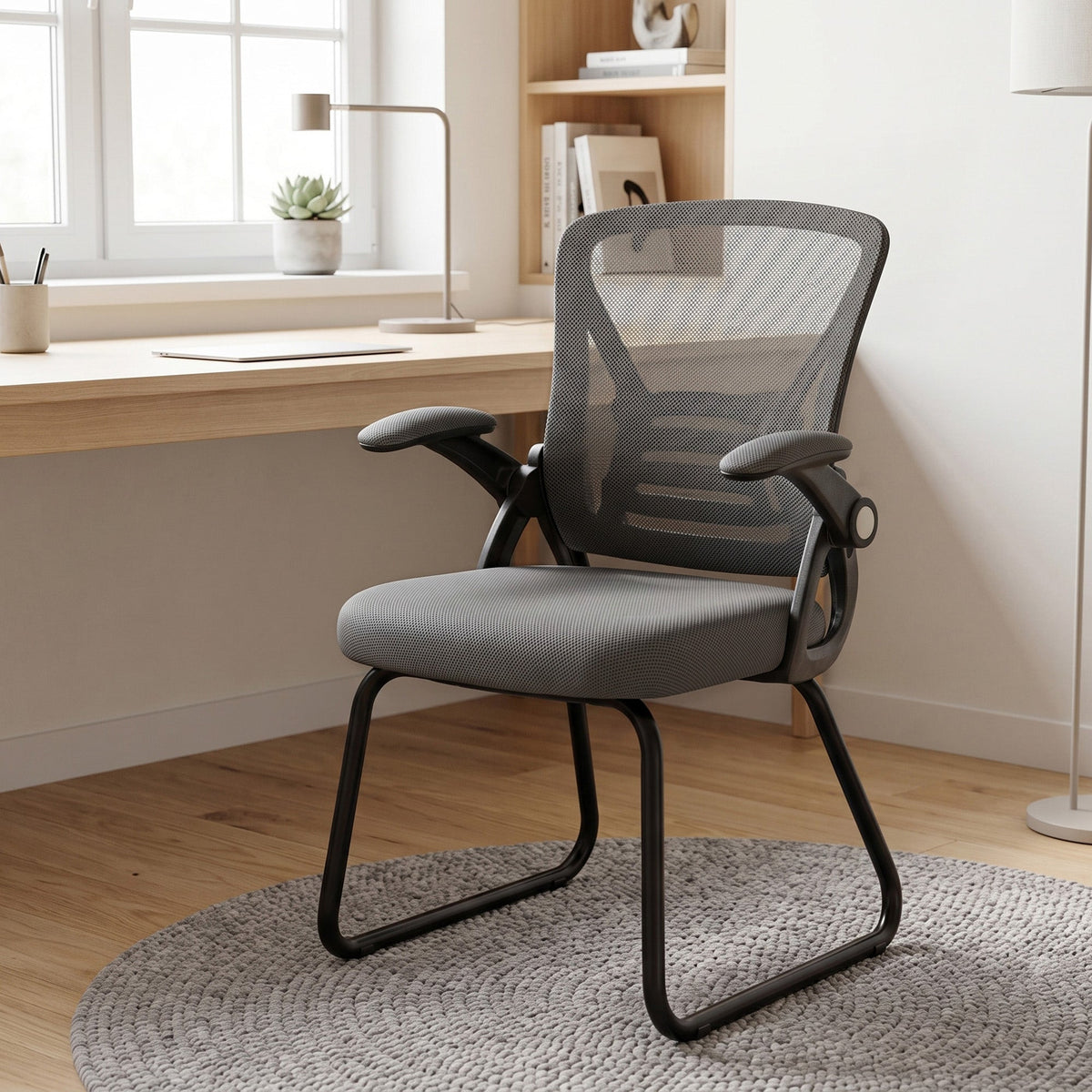Desk Chair No Wheels with Flip-up Armrests, Mesh Office Chair with Steel Legs for Home Conference Room, Bedroom, Waiting, Reception, Dark Grey