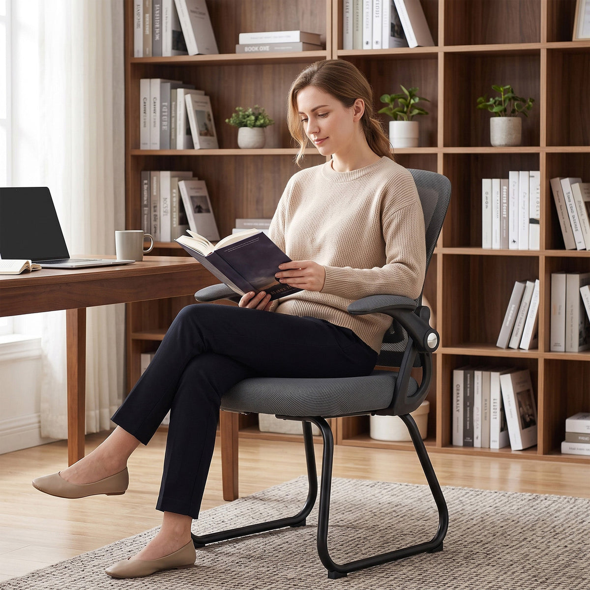 Desk Chair No Wheels with Flip-up Armrests, Mesh Office Chair with Steel Legs for Home Conference Room, Bedroom, Waiting, Reception, Dark Grey