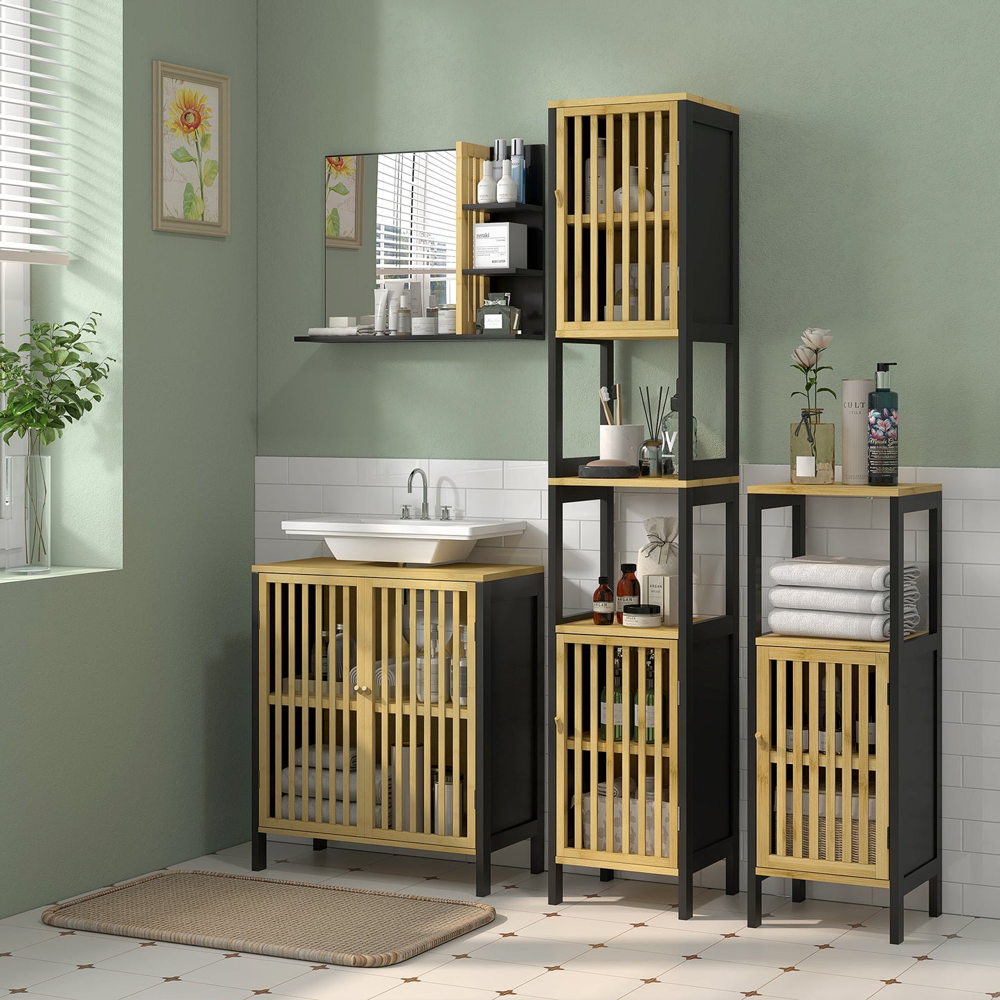 HOMCOM Under Sink Bathroom Cabinet, Bamboo Sink Storage Cabinet, Bathroom Vanity Unit with 2 Slat Doors, Adjustable Shelf and U-Shape Slot for Pipe Fit, Natural