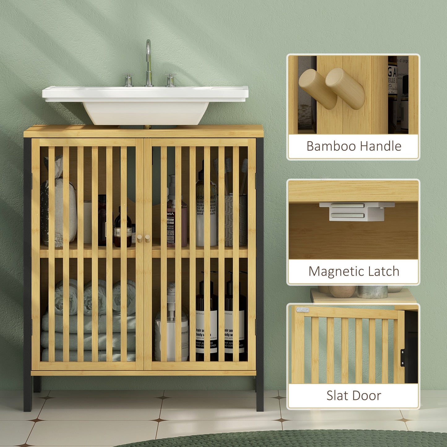 HOMCOM Under Sink Bathroom Cabinet, Bamboo Sink Storage Cabinet, Bathroom Vanity Unit with 2 Slat Doors, Adjustable Shelf and U-Shape Slot for Pipe Fit, Natural