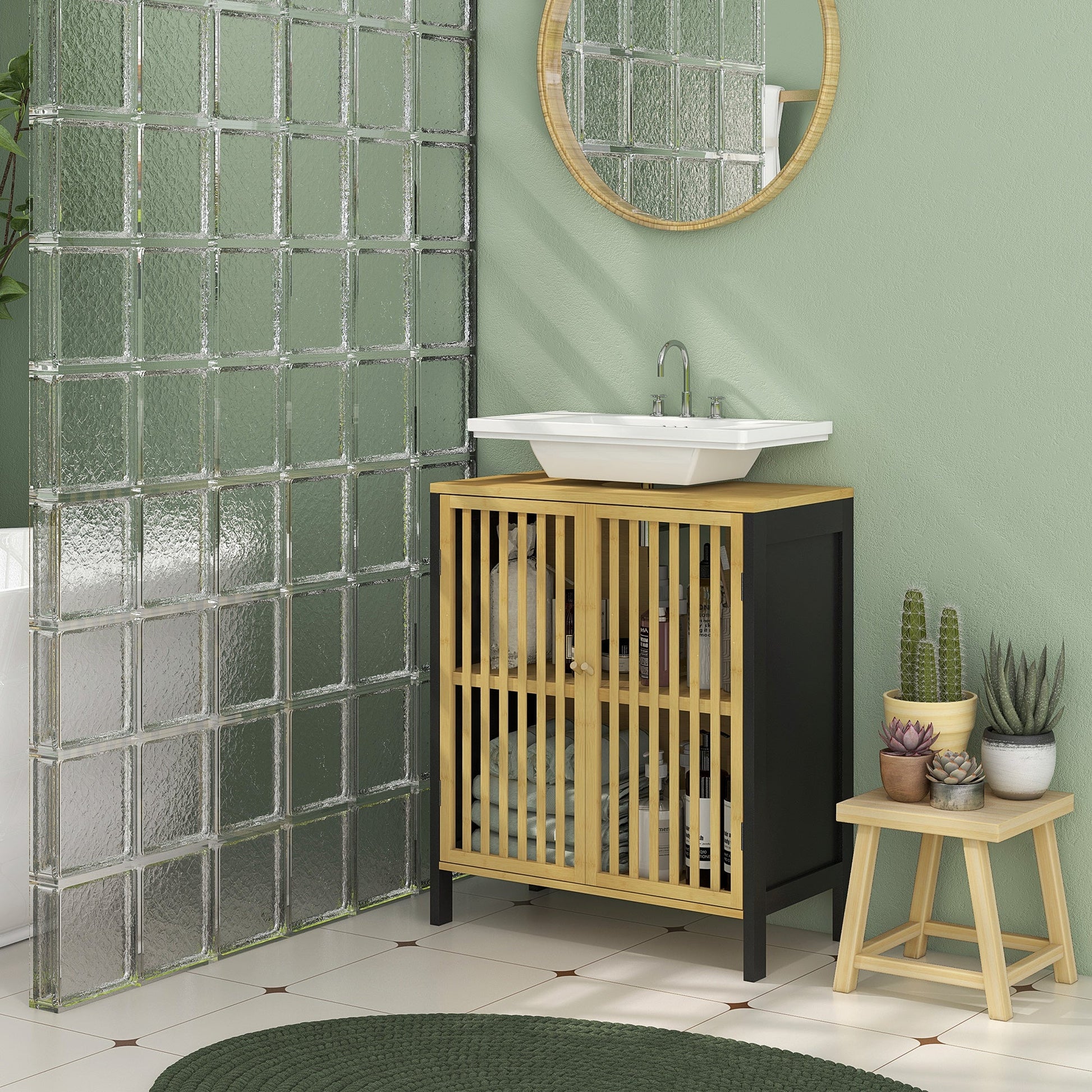 HOMCOM Under Sink Bathroom Cabinet, Bamboo Sink Storage Cabinet, Bathroom Vanity Unit with 2 Slat Doors, Adjustable Shelf and U-Shape Slot for Pipe Fit, Natural