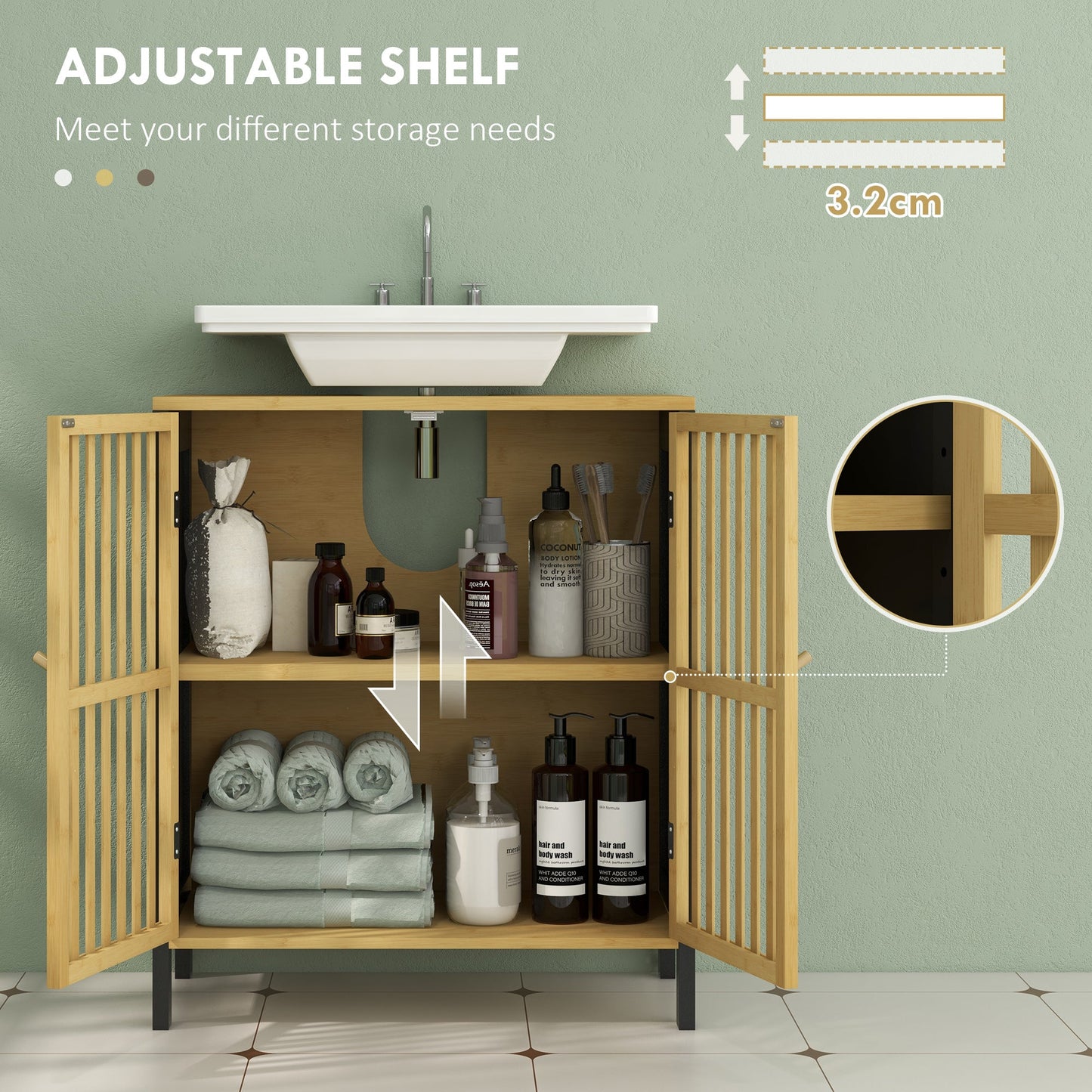 HOMCOM Under Sink Bathroom Cabinet, Bamboo Sink Storage Cabinet, Bathroom Vanity Unit with 2 Slat Doors, Adjustable Shelf and U-Shape Slot for Pipe Fit, Natural