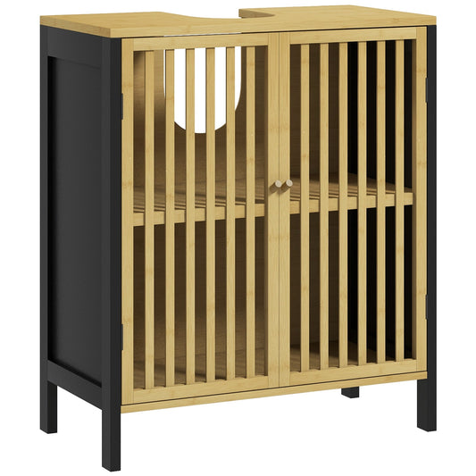 HOMCOM Under Sink Bathroom Cabinet, Bamboo Sink Storage Cabinet, Bathroom Vanity Unit with 2 Slat Doors, Adjustable Shelf and U-Shape Slot for Pipe Fit, Natural