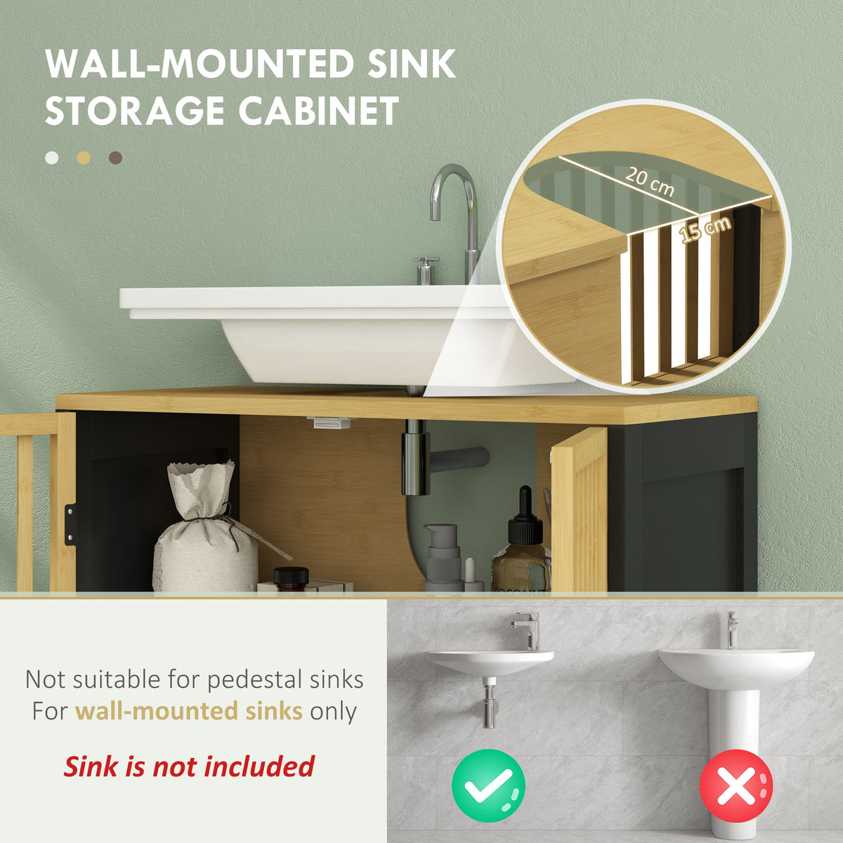HOMCOM Under Sink Bathroom Cabinet, Bamboo Sink Storage Cabinet, Bathroom Vanity Unit with 2 Slat Doors, Adjustable Shelf and U-Shape Slot for Pipe Fit, Natural