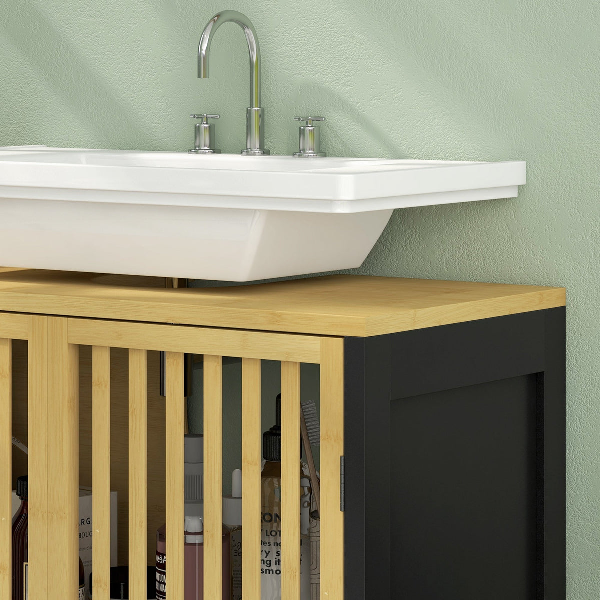 HOMCOM Under Sink Bathroom Cabinet, Bamboo Sink Storage Cabinet, Bathroom Vanity Unit with 2 Slat Doors, Adjustable Shelf and U-Shape Slot for Pipe Fit, Natural