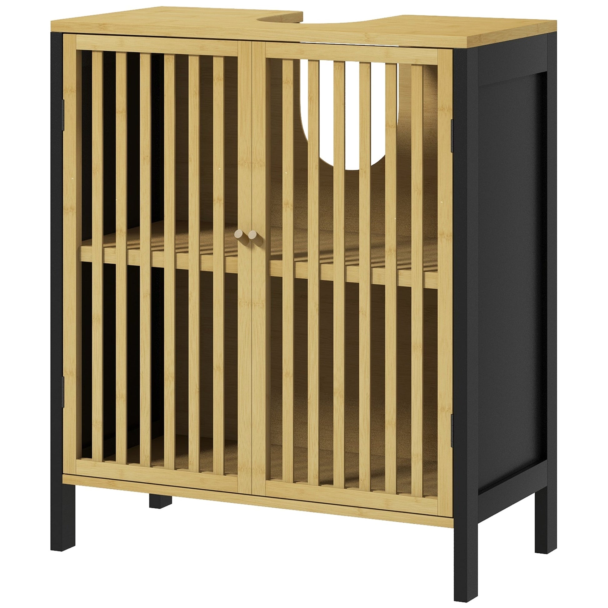 HOMCOM Under Sink Bathroom Cabinet, Bamboo Sink Storage Cabinet, Bathroom Vanity Unit with 2 Slat Doors, Adjustable Shelf and U-Shape Slot for Pipe Fit, Natural
