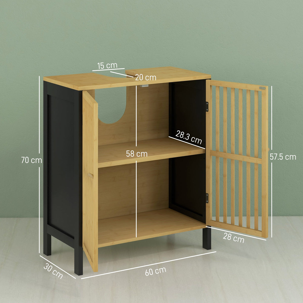 HOMCOM Under Sink Bathroom Cabinet, Bamboo Sink Storage Cabinet, Bathroom Vanity Unit with 2 Slat Doors, Adjustable Shelf and U-Shape Slot for Pipe Fit, Natural