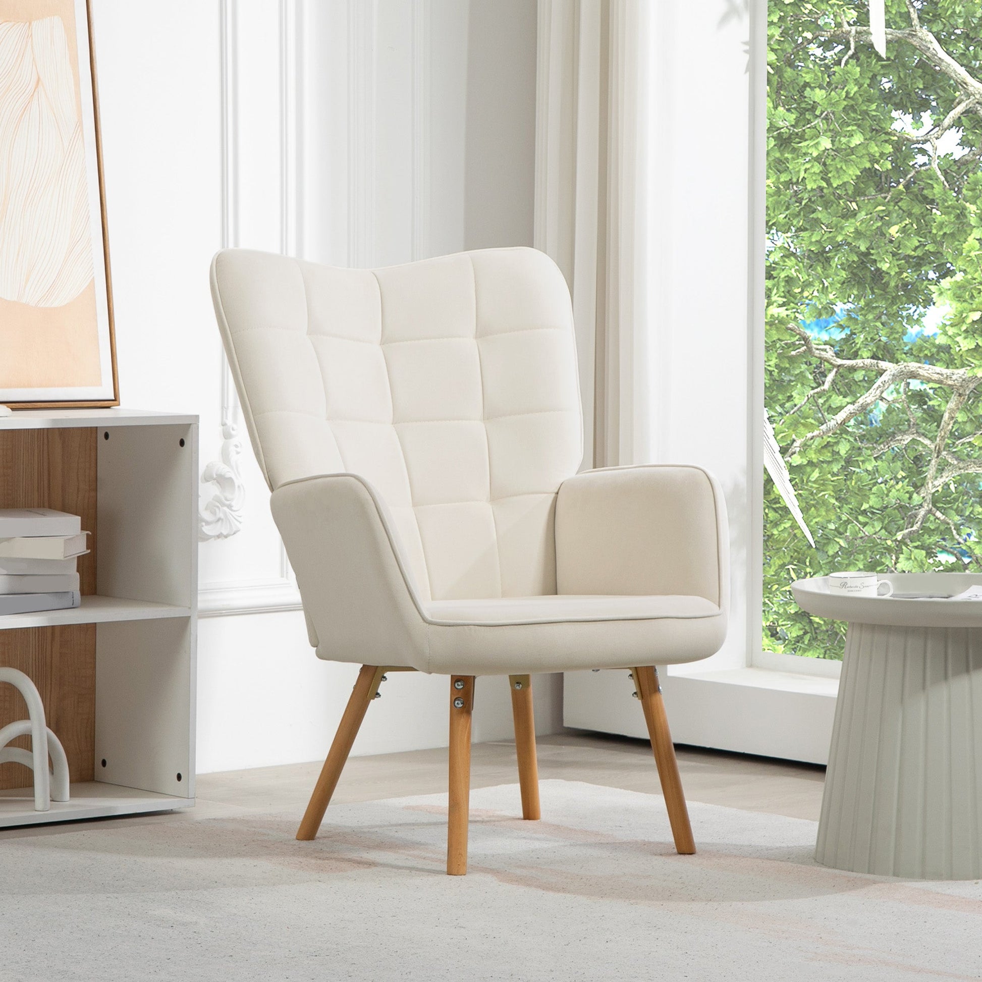 HOMCOM Modern Accent Chair, Upholstered Tufted Wingback Armchair with Seat Padding, Leisure Lounge Bedroom Chair with Wood Legs, Cream White
