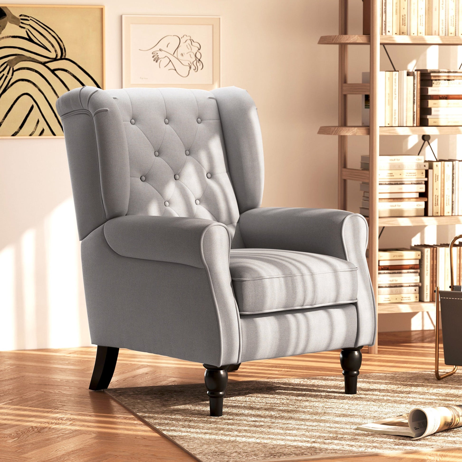 Retro Button Tufted Accent Armchair with Wooden Frame and Legs for Living Room, Bedroom, Grey - HOMCOM