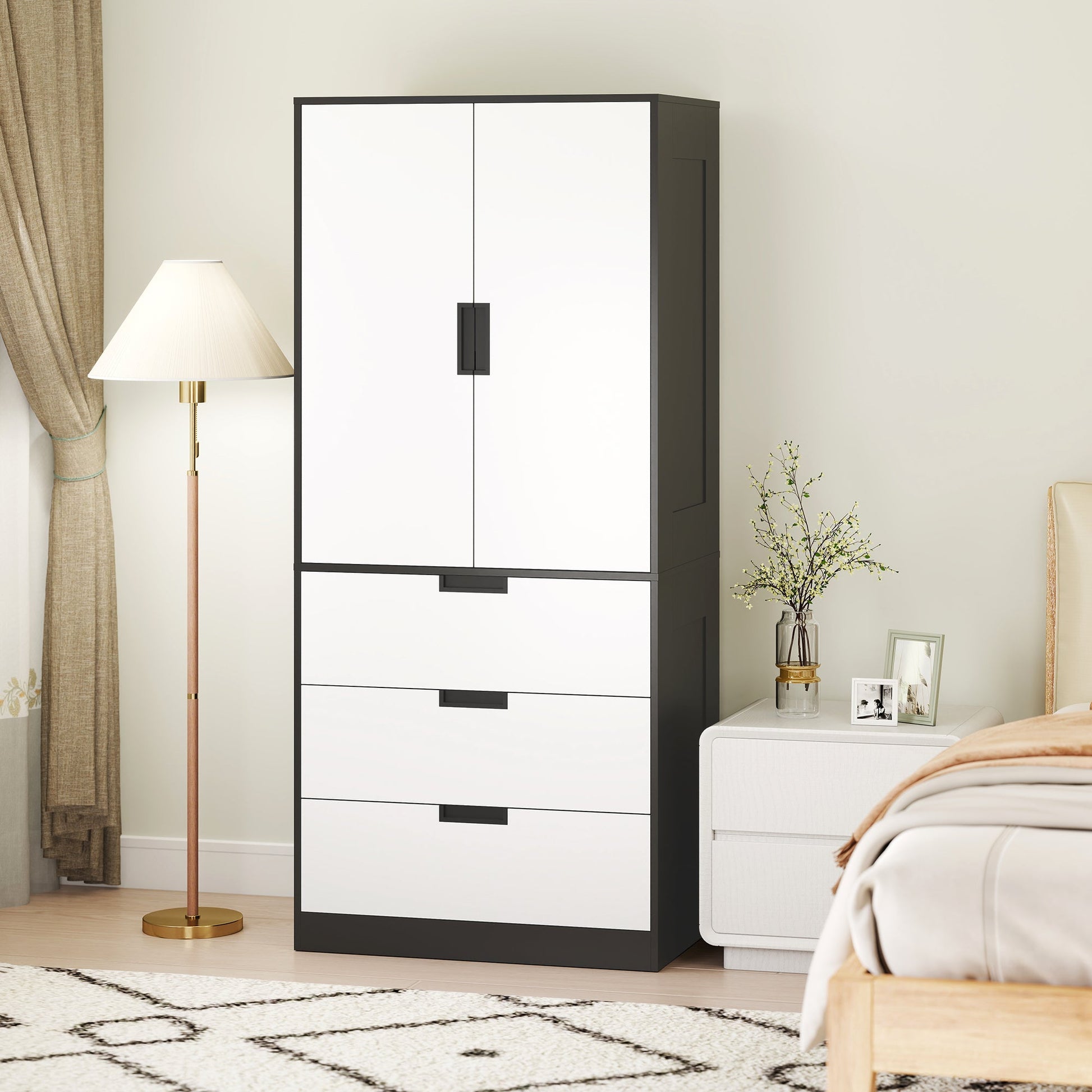 Modern Clothes Storage Cupboard Unit, Wardrobe with Hanging Rod, 3-Drawer and 2-Door, Black - HOMCOM