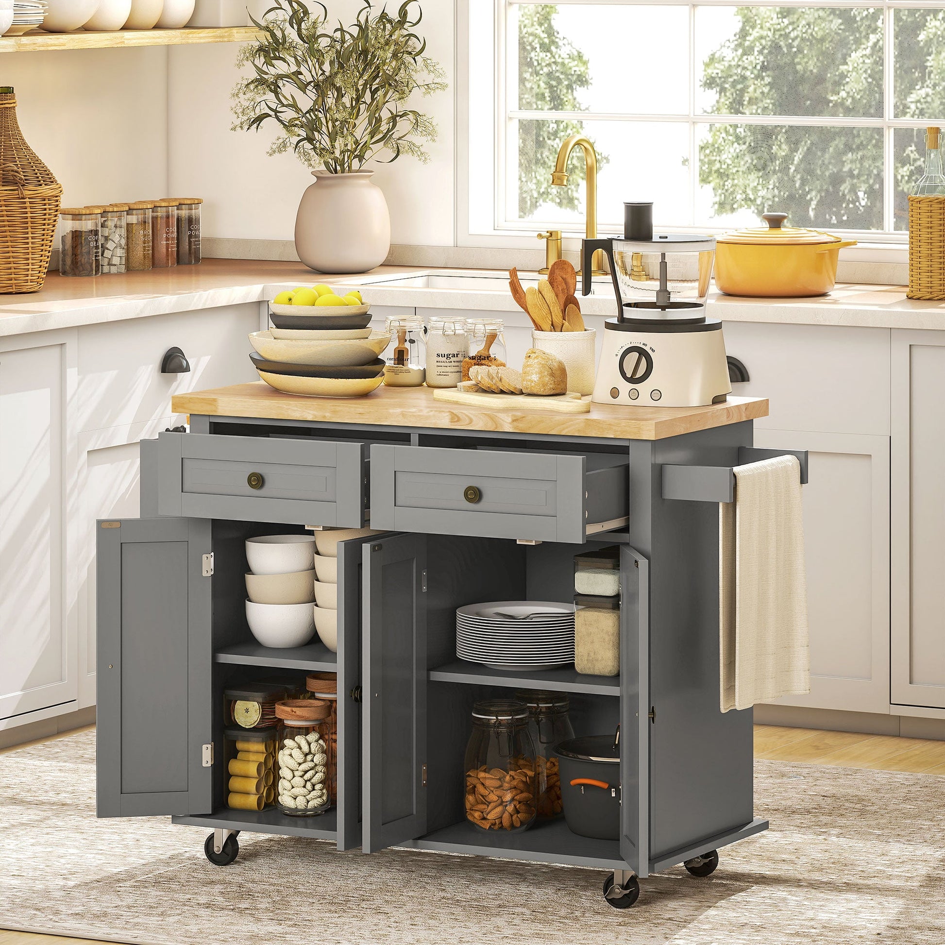 Modern Rubberwood Rolling Kitchen Island with Storage - HOMCOM