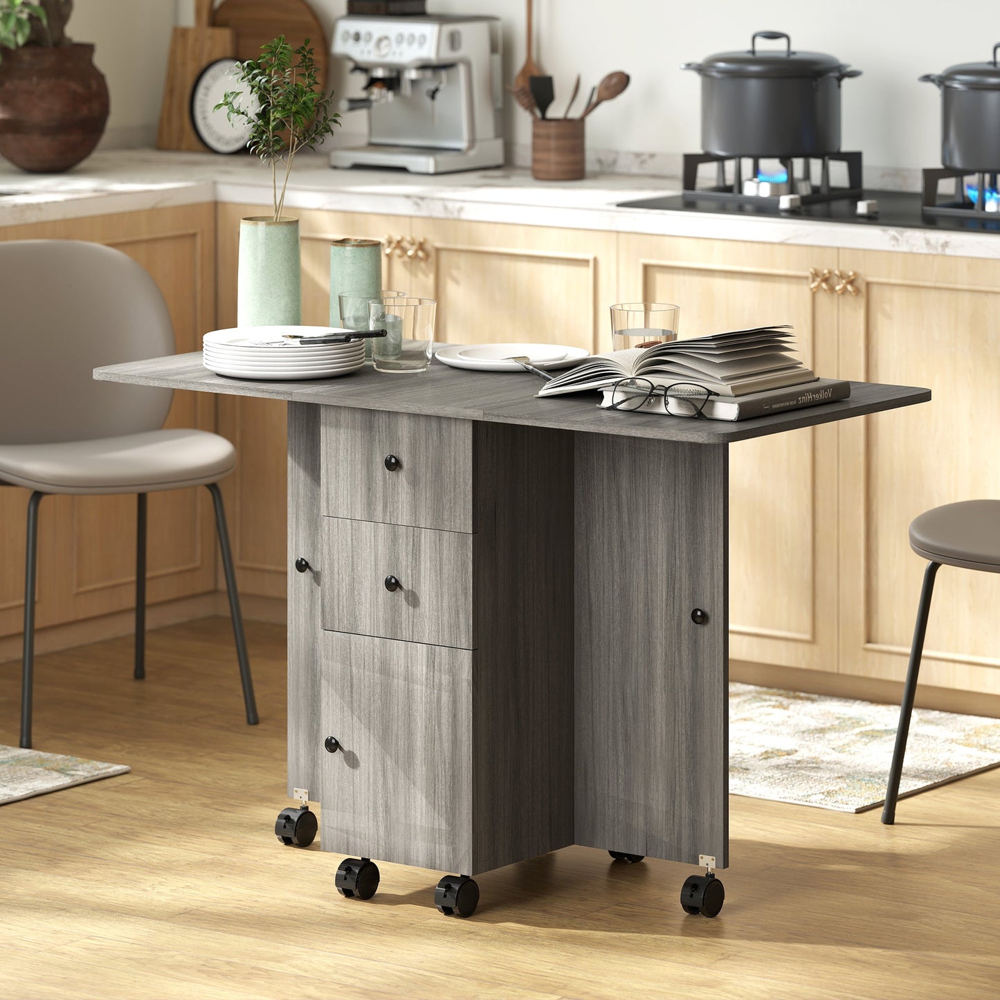 Folding Dining Table on Wheels for 4-6 with Storage Drawers, Cabinet, Grey - HOMCOM