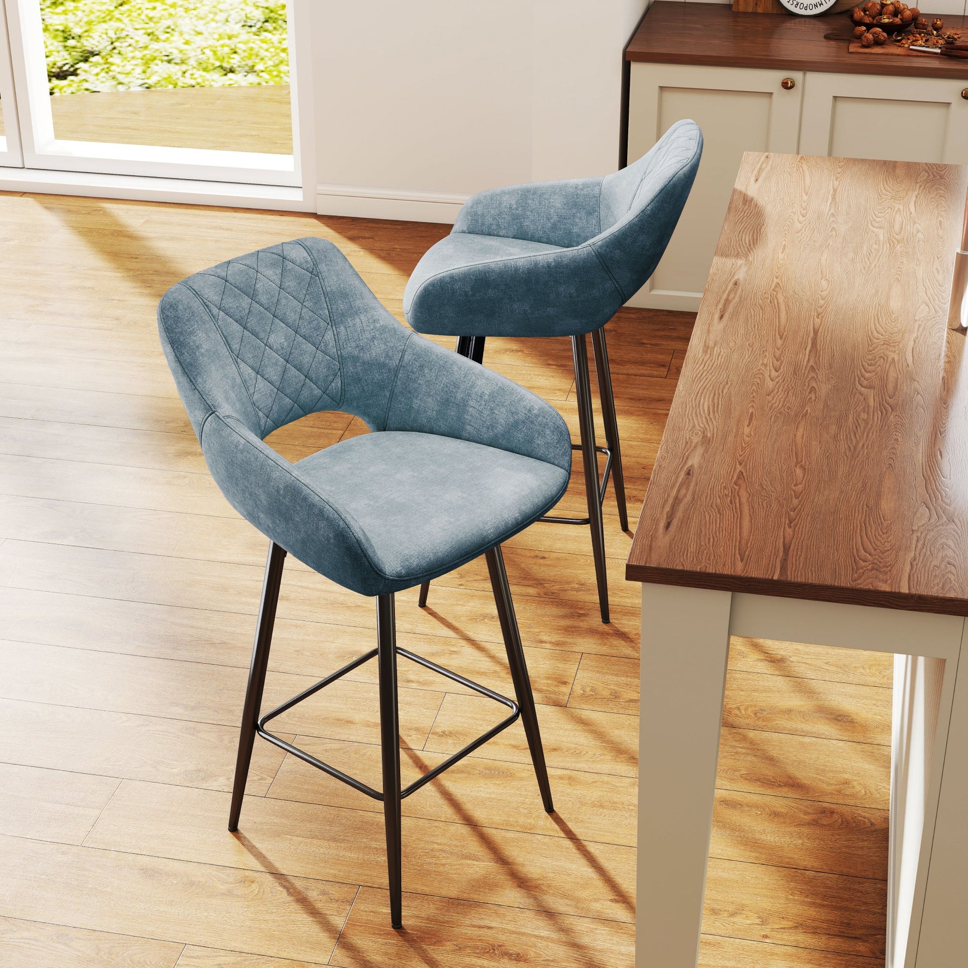 Aura Velvet Bar Stools Set of 2, Velvet-feel Fabric Counter Height Chairs with Steel Legs, Blue - HOMCOM