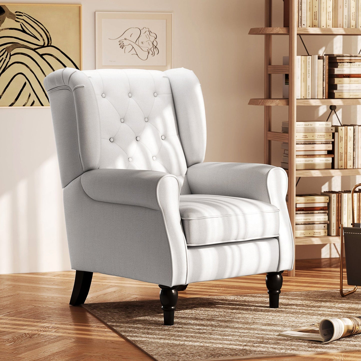 Retro Button Tufted Accent Armchair with Wooden Frame and Legs for Living Room, Bedroom, Cream White - HOMCOM