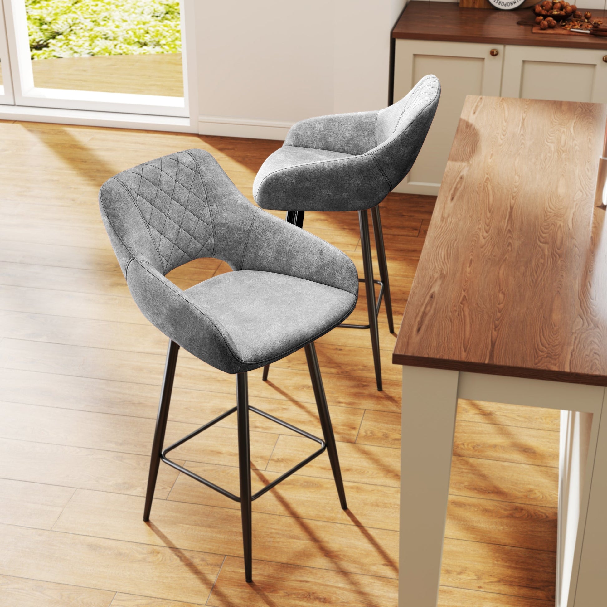 Aura Velvet Bar Stools Set of 2, Velvet-feel Fabric Counter Height Chairs with Steel Legs, Grey - HOMCOM