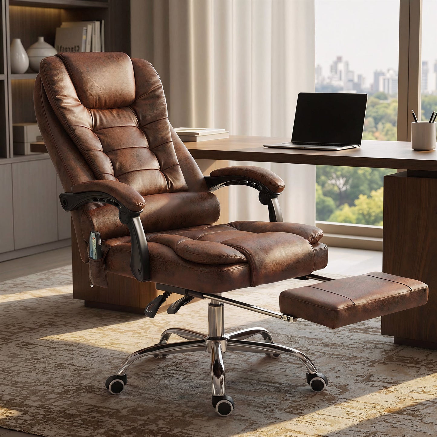 6-Point Massage Office Chair with Heated Back, Reclining and Footrest, Brown