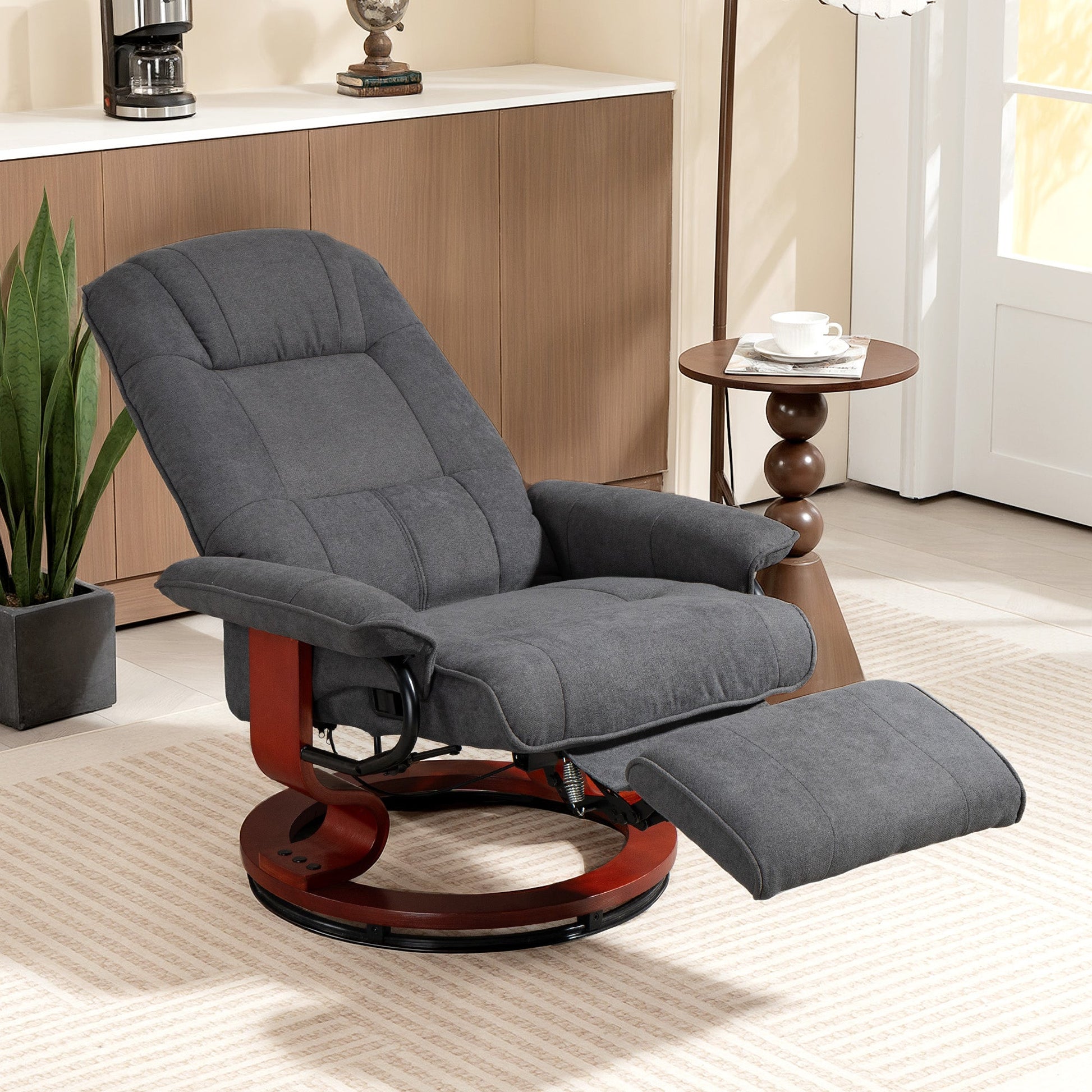 Manual Recliner Chair with Faux Leather Upholstered & Wooden Base for Living Room, Light Grey - HOMCOM
