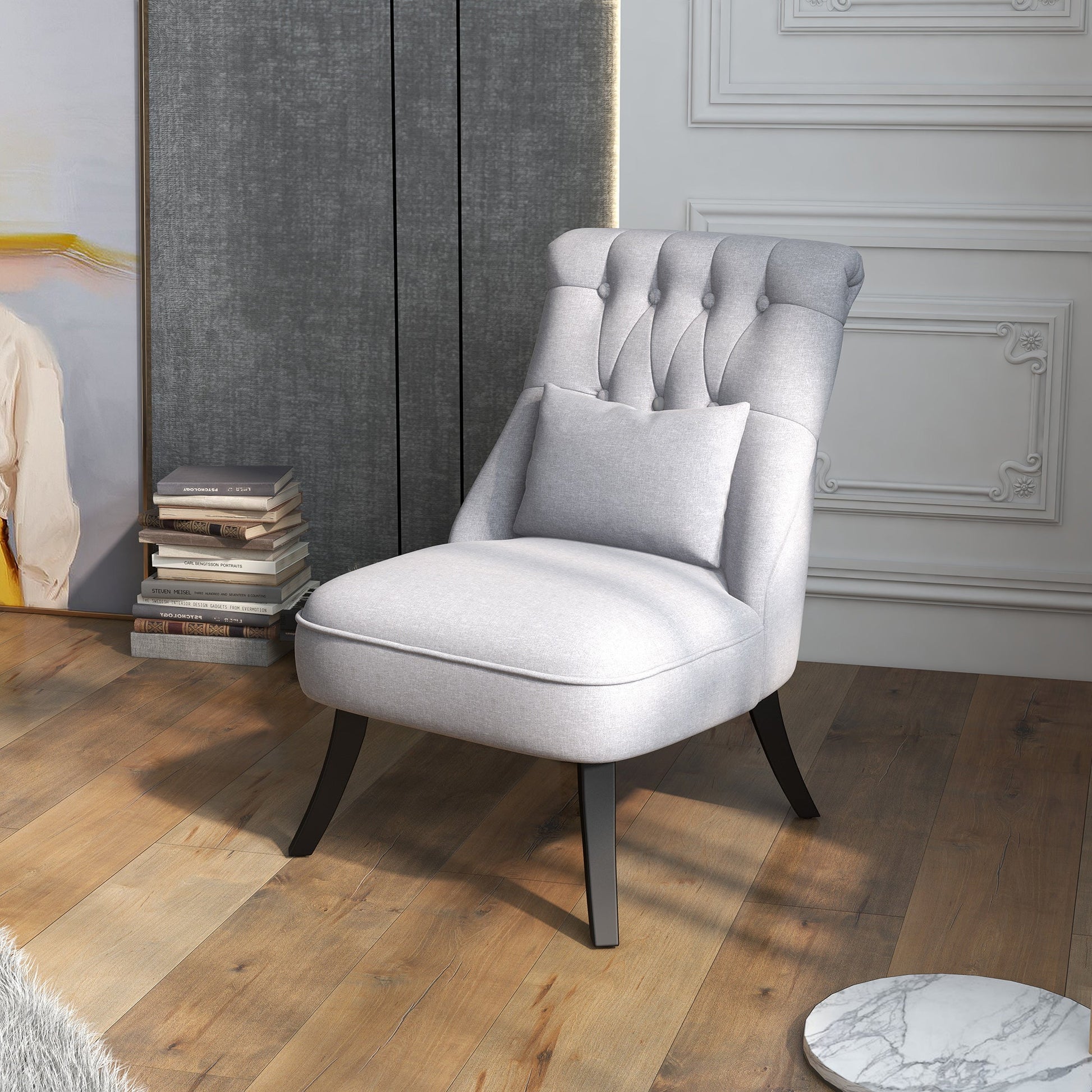Fabric Single Sofa, Dining Chair with Pillow & Solid Wood Leg for Living Room, Grey - HOMCOM