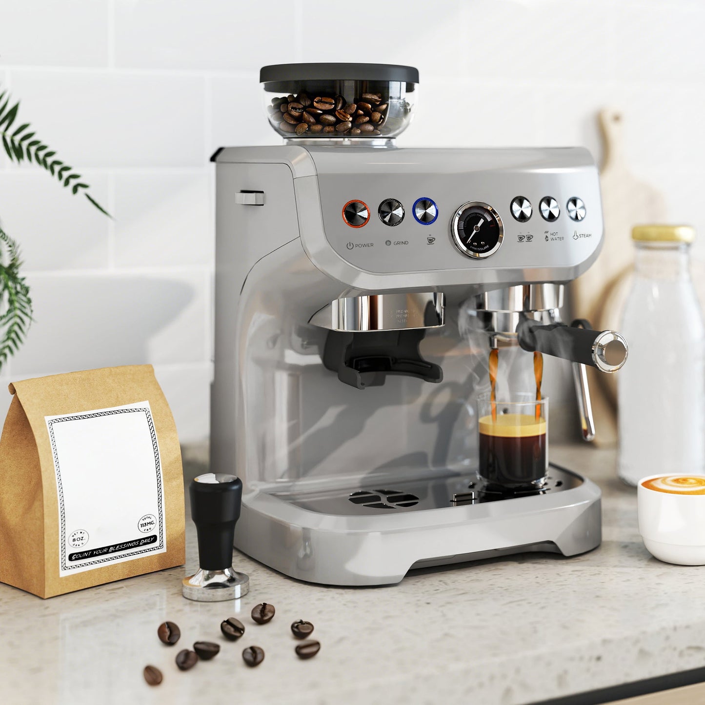 Espresso Machine with Integrated Bean Grinder & Steam Wand, Stainless Steel Silver - HOMCOM