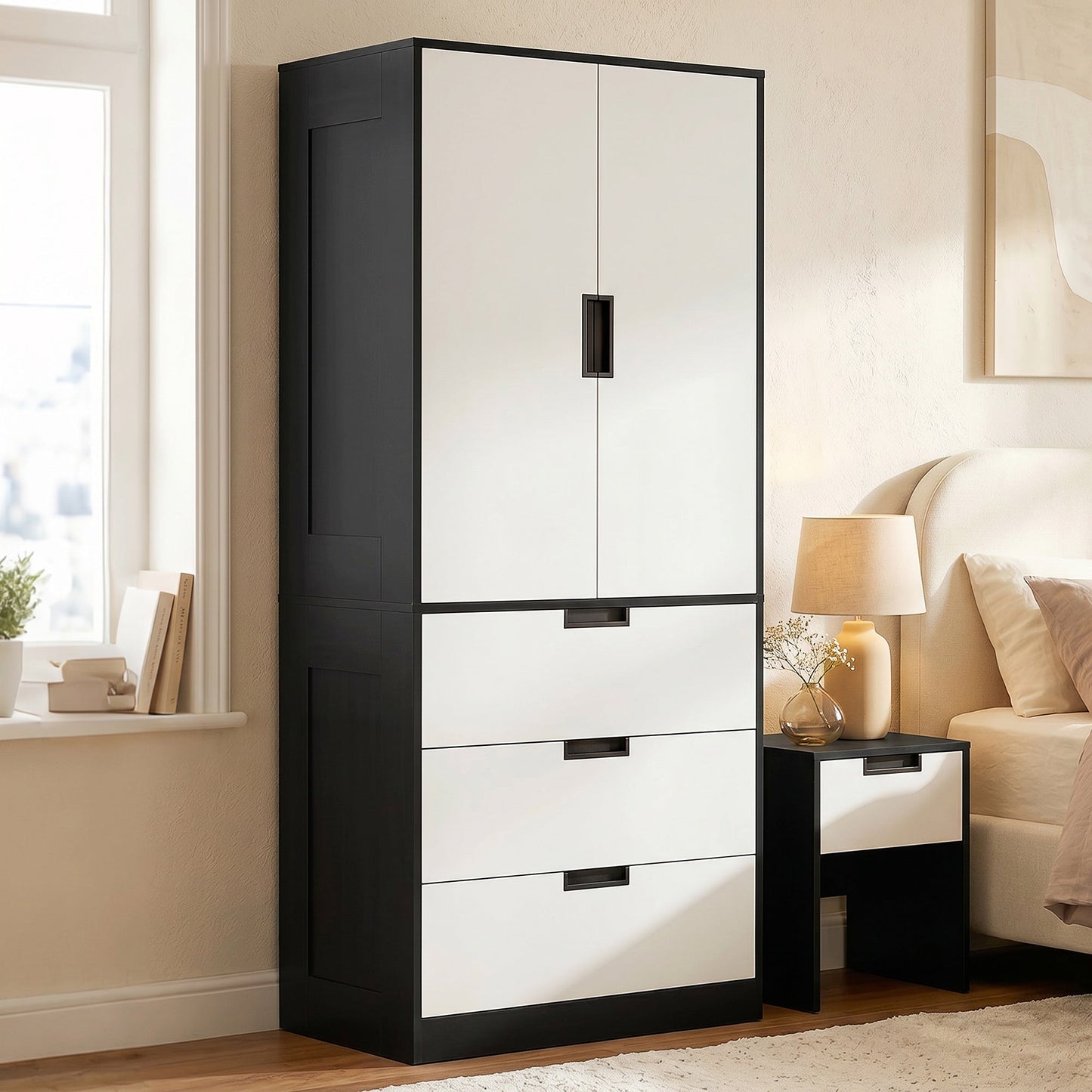 3-Drawer 2-Door Wardrobe with Hanging Rod for Clothes, Black