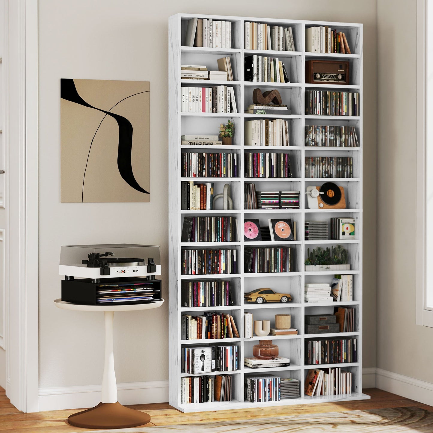 1116 CD/ 528 DVD Storage Unit, Media Storage Shelf, Wooden Display Unit with Adjustable Shelves, 102 x 195 cm, White
