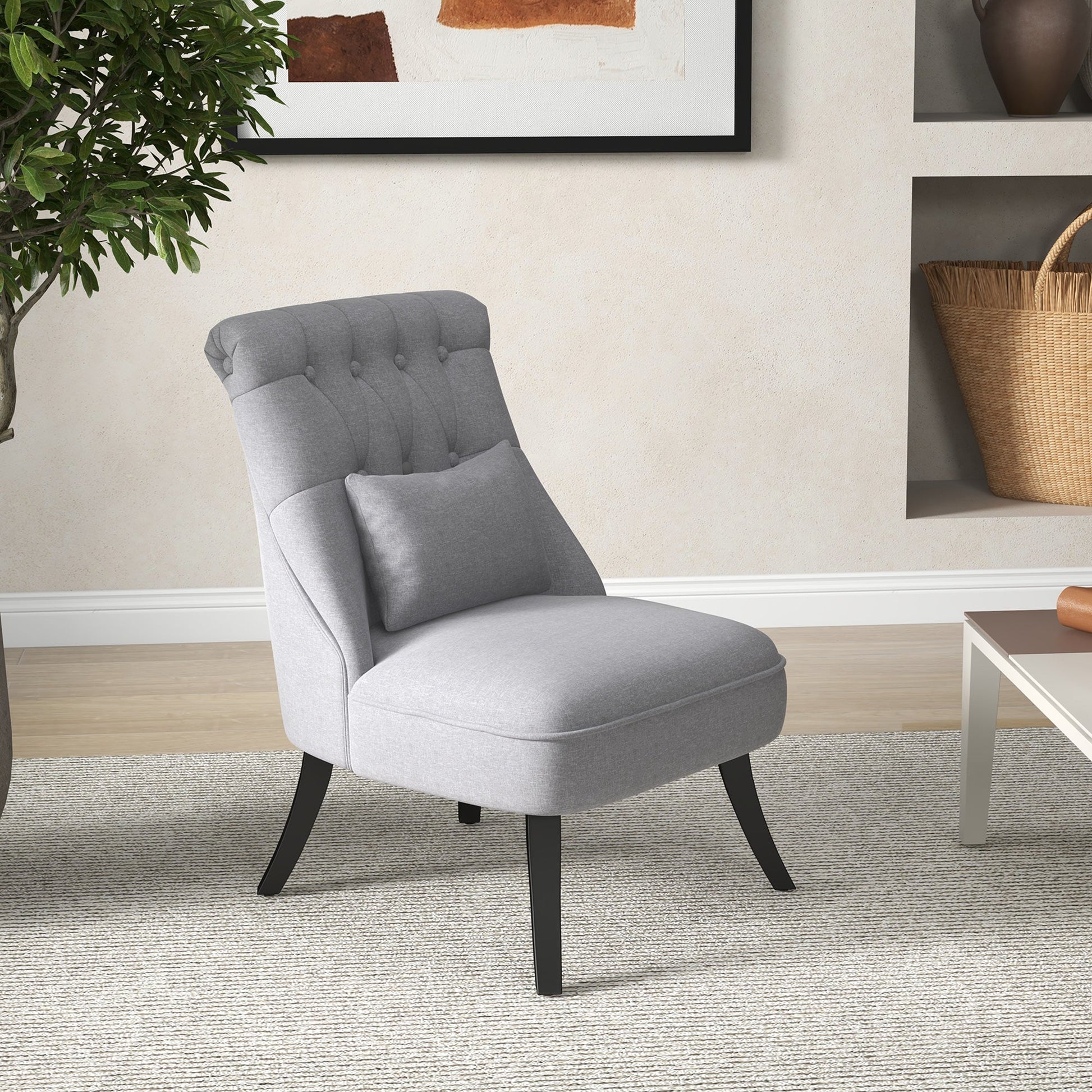 Fabric Single Sofa, Dining Chair with Pillow & Solid Wood Leg for Living Room, Grey - HOMCOM