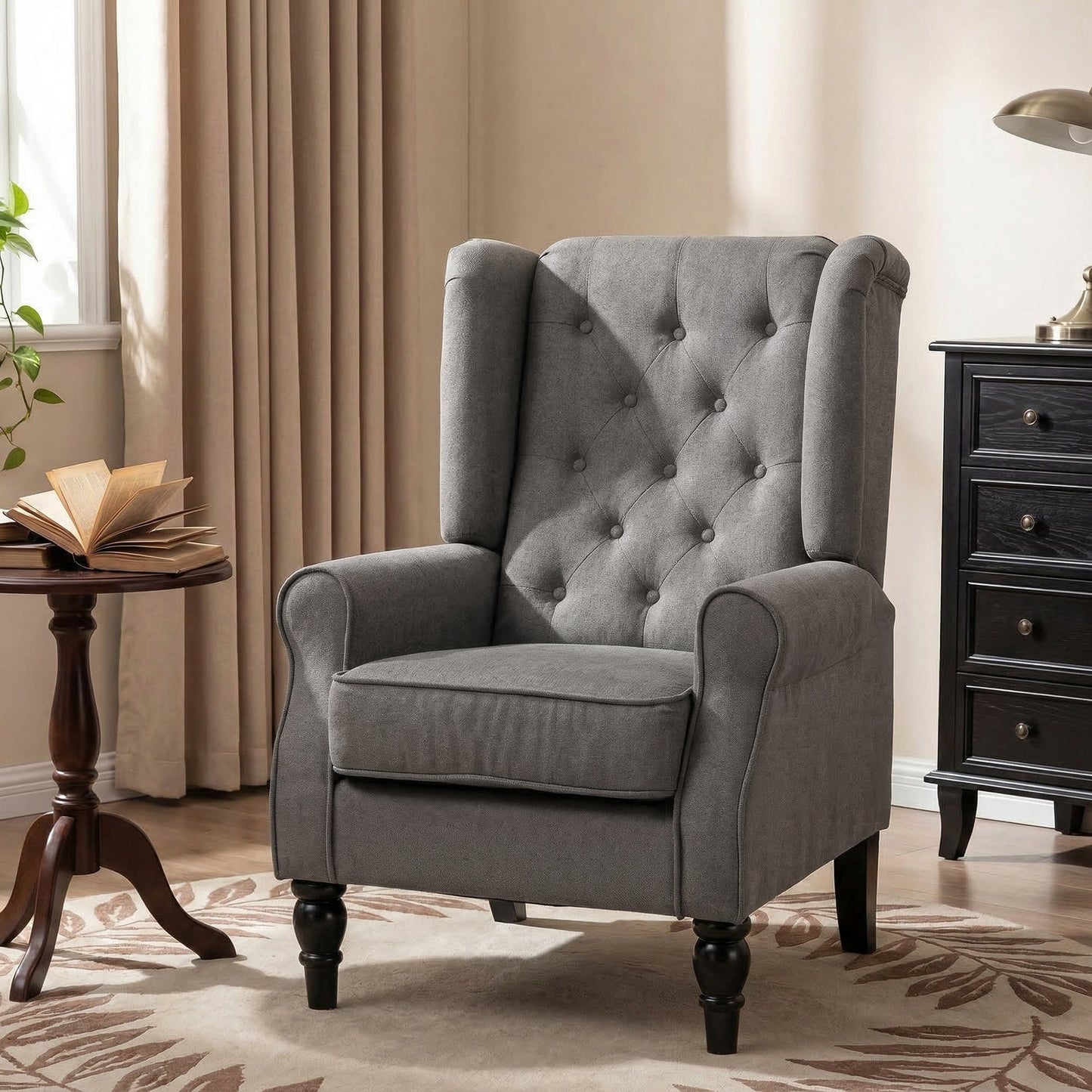 Retro Button Tufted Accent Armchair with Wooden Frame and Legs for Living Room, Bedroom, Dark Grey - HOMCOM