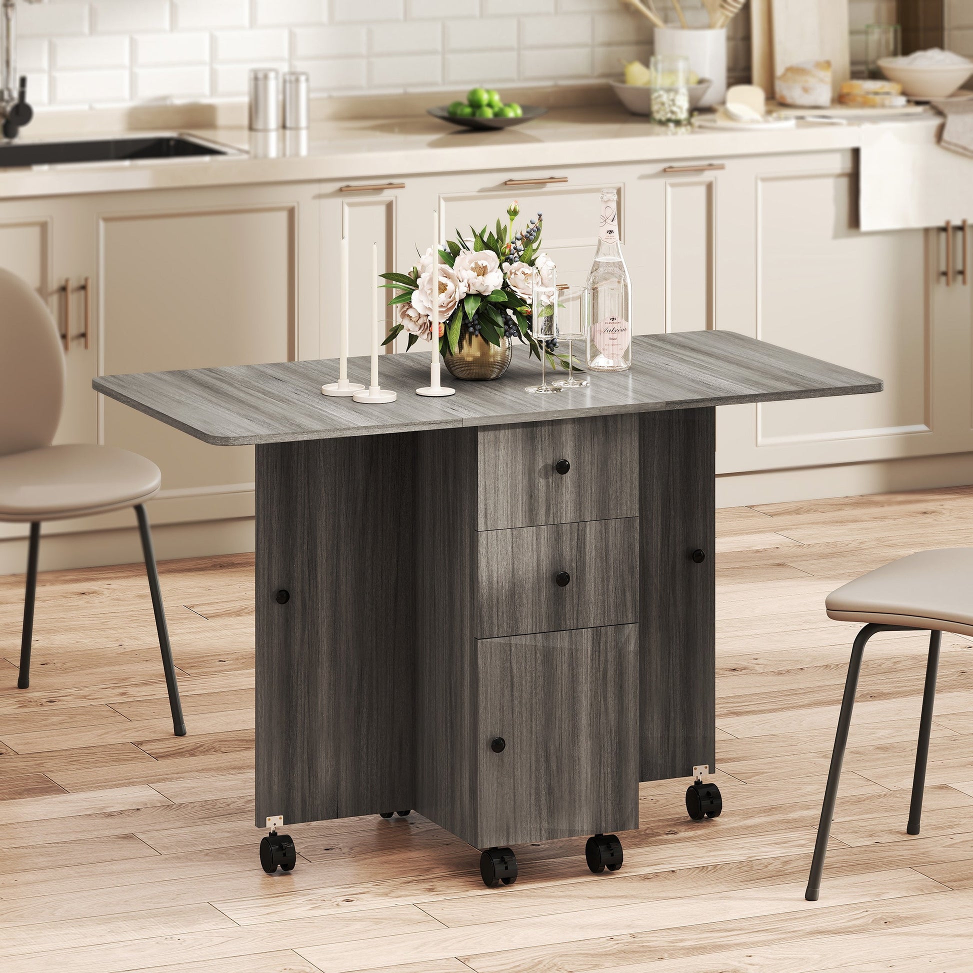 Folding Dining Table on Wheels for 4-6 with Storage Drawers, Cabinet, Grey - HOMCOM