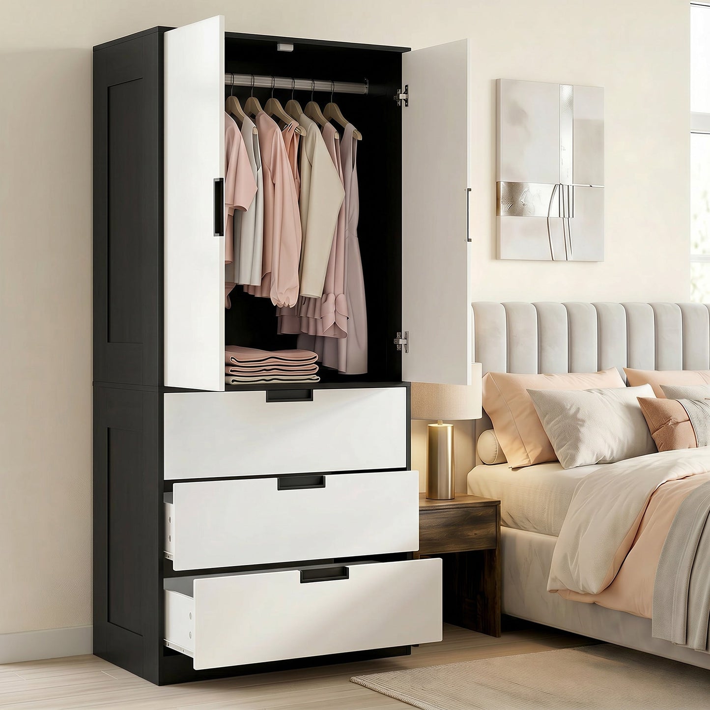 3-Drawer 2-Door Wardrobe with Hanging Rod for Clothes, Black